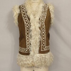 Vintage Afghan Vest Leather Curly Mongolian Fur Authentic Shearling Embroidered
